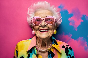 Portrait of adorable retired old woman wearing colorful fashionable clothes over pink background. Generative AI - obrazy, fototapety, plakaty
