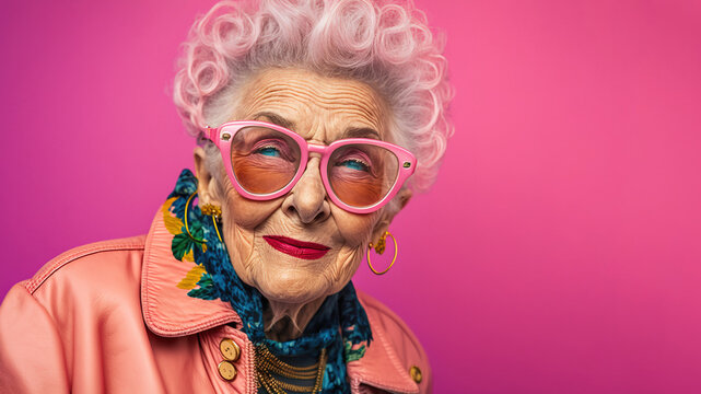 Old Senior Woman Wearing Fashionable Pink Clothes Over Pink Background. Copy Space. Generative AI