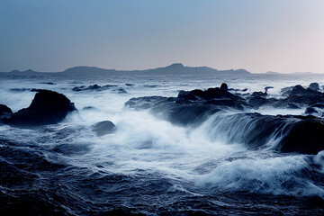 Fototapeta premium Beautiful ocean with big stones, angry waters at beach Generative AI