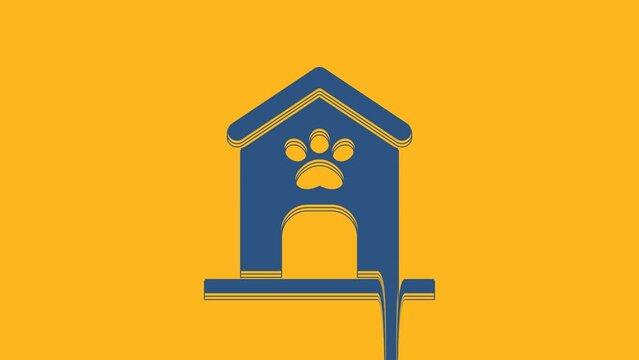 Blue Dog house and paw print pet icon isolated on orange background. Dog kennel. 4K Video motion graphic animation