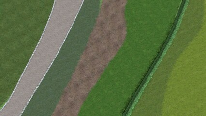 Obraz premium 3D illustration of modern landscape architecture. Background computer rendering of landscape design. Contrasting composition of different lawn surfaces in smooth lines.