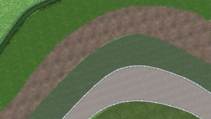 Obraz premium 3D illustration of modern landscape architecture. Background computer rendering of landscape design. Contrasting composition of different lawn surfaces in smooth lines.