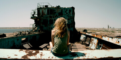 Beautiful young woman looks abandoned derelict ship post with apocalyptic themed background Generative AI