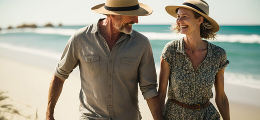 A middle - aged couple strolls along a beach, holding hands and smiling at each other (created with Generative AI)