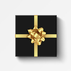 Gift box. Black pack with gold silk bow. Vector realistic open box.
