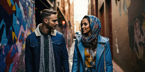 Obraz na płótnie Canvas A young couple walking through a city alleyway. The woman is wearing a hijab and a colorful dress, while the man is in a denim jacket and jeans (created with Generative AI)