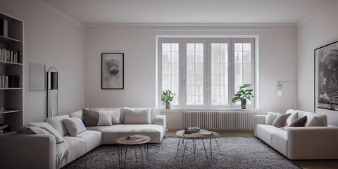 Fototapeta premium Stylish scandinavian living room with design mint sofa, furnitures, mock up poster map, plants and elegant personal accessories. Modern home decor. Bright and sunny room. Generative AI illustration.