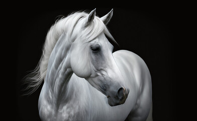 Naklejka na ściany i meble White horse beautiful face portrait. Beauty wild arabian horse isolated on black background. Premium strong stallion