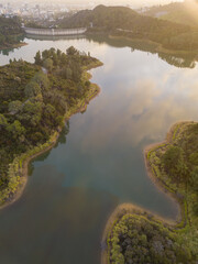 High-angle views taken from a drone of Lake Hollywood, or Hollywood Reservoir, in the Hollywood...