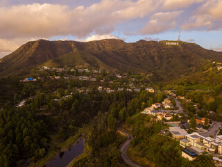 High-angle views taken from a drone of Lake Hollywood, or Hollywood Reservoir, in the Hollywood...