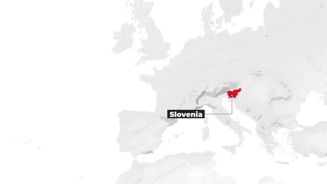 World map showing Slovenia. From above zoom in. Country red is highlighted on the map. 