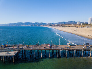 Aerial photos of the santa monica Pier, The Strand bike path, and beach in Santa monica California....