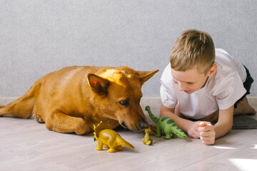 Cute boy sits on the floor near his dog at home and plays with toys