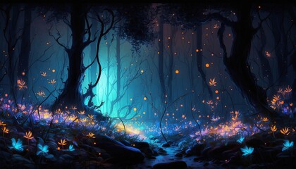 Fantasy Forest at night, Landscape With luminous flowers, fireflies, water, and bright glowing atmosphere, Ai, Ai Generated