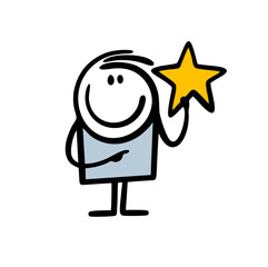 Small boy hand drawn in cartoon doodle style holds a big golden star.