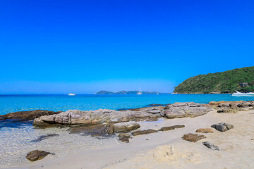 Fototapeta na wymiar White Sandy Beach with the Boulder Stones on the Samet Island, Thailand