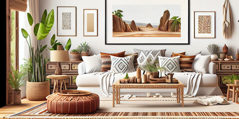 Fototapeta premium Stylish scandinavian living room with design mint sofa, furnitures, mock up poster map, plants and elegant personal accessories. Modern home decor. Bright and sunny room. Generative AI illustration.