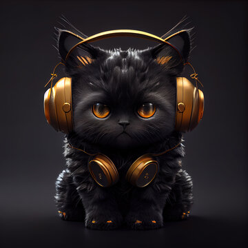 adorable fluffy puffball toy pet black cat with headphones, ai generated