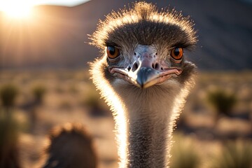 In focus closeup of an ostrich in bright sunshine. Generative AI - obrazy, fototapety, plakaty