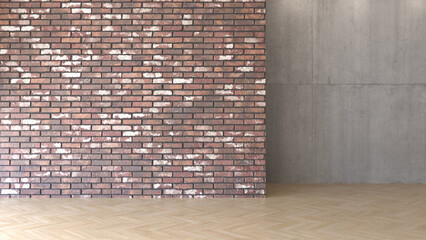 Modern interior with brick 
 panel, concrete wall and parquet floor. Empty room with blank wall mockup. 3d render