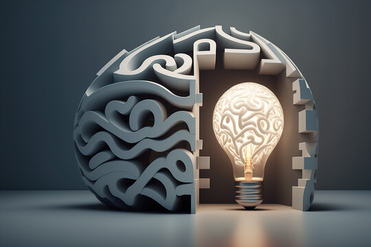 Concept idea of brain maze inspiration success thinking and creativity. Conceptual 3d illustration. Light bulb in labyrinth. Generative Ai technology.