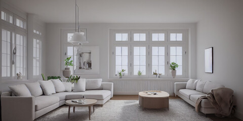 Stylish scandinavian living room with design mint sofa, furnitures, mock up poster map, plants and elegant personal accessories. Modern home decor. Bright and sunny room. Generative AI illustration.