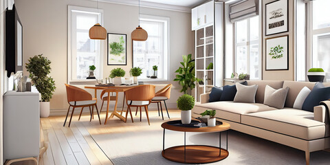 Fototapeta na wymiar Stylish scandinavian living room with design mint sofa, furnitures, mock up poster map, plants and elegant personal accessories. Modern home decor. Bright and sunny room. Generative AI illustration.