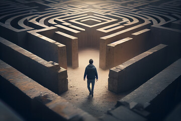 Obraz na płótnie Canvas Man walking into big labyrinth. Finding solution concept.generative ai