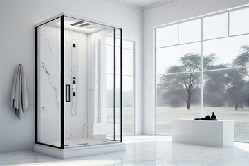 Moderne Dusche in einem modernen weißen Bad, Fenster