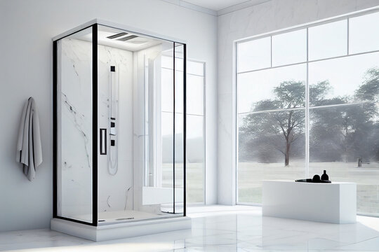 Moderne Dusche in einem modernen wei&szlig;en Bad, Fenster