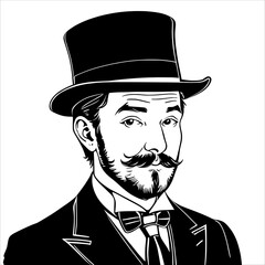 Gentleman with Mustache and Top Hat, Looking Suave and Sophisticated. 
