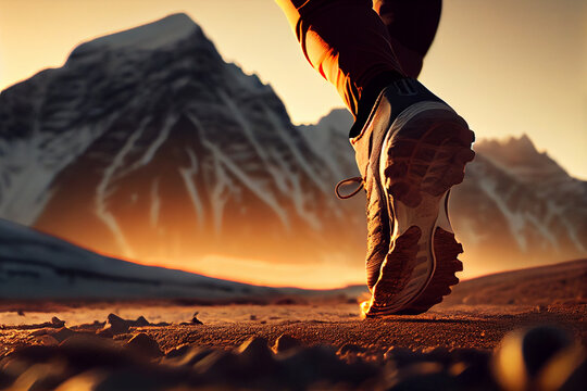 Close-up at the feet of a runner starting to run forward towards a great view.generative ai