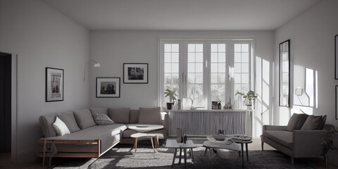 Stylish scandinavian living room with design mint sofa, furnitures, mock up poster map, plants and elegant personal accessories. Modern home decor. Bright and sunny room. Generative AI illustration.