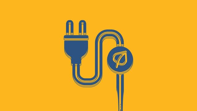 Blue Electric saving plug in leaf icon isolated on orange background. Save energy electricity. Environmental protection. Bio energy. 4K Video motion graphic animation