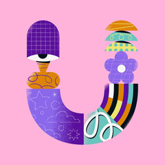Letter u. Trendy vector illustration with basic shapes and textures. Pink and smooth artwork. Art print. Abstract and colorful composition. Cartoon style. Pastel colors. Decorative design.