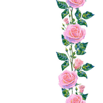 Seamless border of vector high detailed realistic rose flowers on white for design. Oil or acrylic painting roses