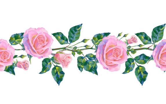 Seamless border of vector high detailed realistic rose flowers on white for design. Oil or acrylic painting roses