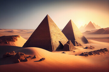 Obraz na płótnie Canvas egyptian pyramids in desert with evening .generative ai