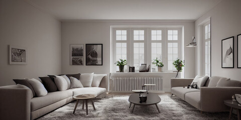 Fototapeta premium Stylish scandinavian living room with design mint sofa, furnitures, mock up poster map, plants and elegant personal accessories. Modern home decor. Bright and sunny room. Generative AI illustration.