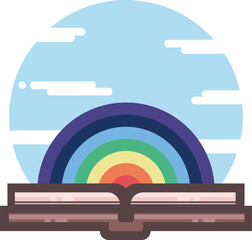 Book flat icon. Open book with a rainbow inside on blue sky round background. Metaphore of a life-affirming and breathtaking literature. Pleasure of reading. Children's books. Fantasy literature - obrazy, fototapety, plakaty