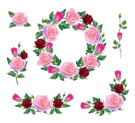 Save the Date wedding invitation card of multicolored roses flowers wreath frame.