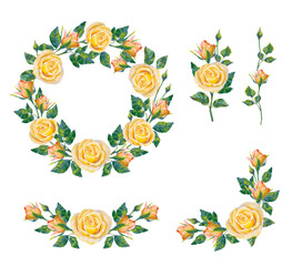 Save the Date wedding invitation card of yellow roses flowers wreath frame.