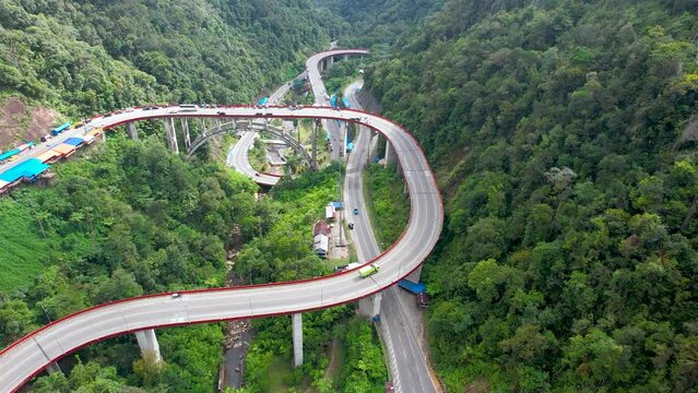Aerial view of Kelok 9 bridge West Sumatra. Payakumbuh, Indonesia