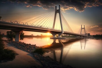 Belgrade, Serbia's ada bridge across the Sava River at dusk Generative AI - obrazy, fototapety, plakaty