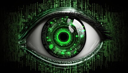 Green matrix code cybernetic eye big brother background illustration