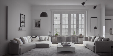 Fototapeta premium Stylish scandinavian living room with design mint sofa, furnitures, mock up poster map, plants and elegant personal accessories. Modern home decor. Bright and sunny room. Generative AI illustration.