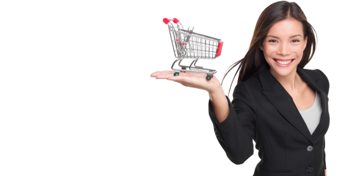 Shopping cart - business woman shopper. Woman showing holding mini shopping cart. Happy shopping or consumer loan concept with young female professional isolated in transparent PNG.