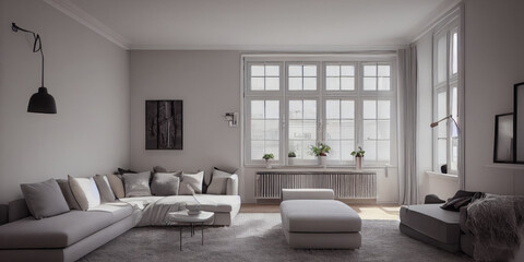 Fototapeta premium Stylish scandinavian living room with design mint sofa, furnitures, mock up poster map, plants and elegant personal accessories. Modern home decor. Bright and sunny room. Generative AI illustration.
