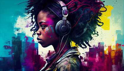 Mujer joven afro americana con pelo afro , con auriculares y luces de neón en ambiente urbano , generado con IA - obrazy, fototapety, plakaty