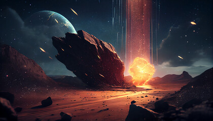 Meteoritos atravesando la atmosfera y chocando contra el planeta , generado con  IA. - obrazy, fototapety, plakaty